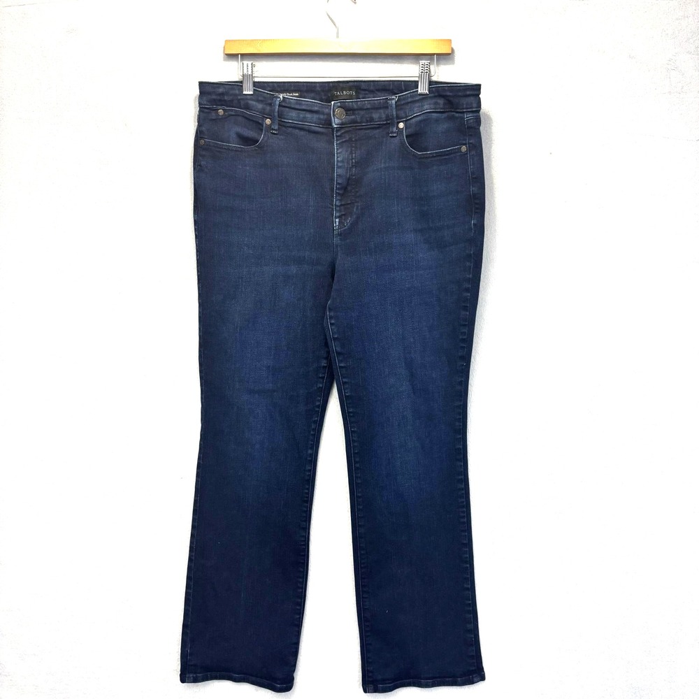 Talbots Barely Bootcut Jeans Womens 14P Petite Dark Blue High Rise Stretch 36x29
